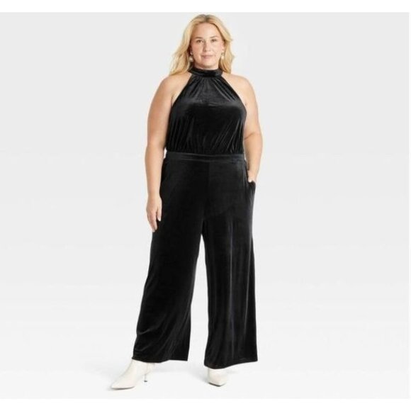 New Women’s Size XXL Black Velvet Jumpsuit High neck Halter A New Day 1605 - Picture 1 of 11